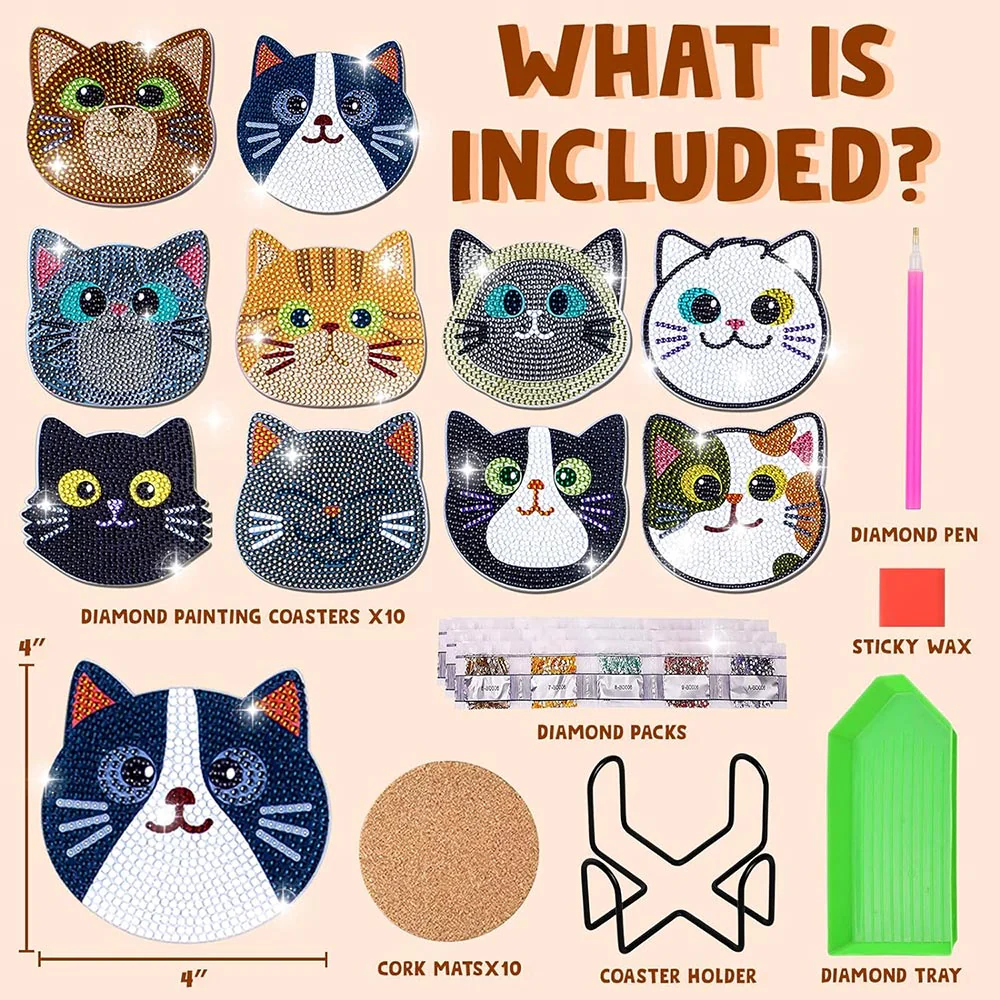 5D Diamond Painting Coaster Cats 10 Pieces - Image 4