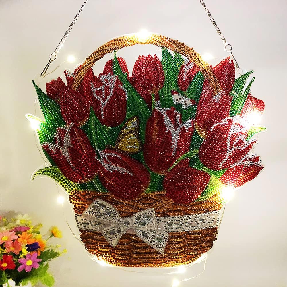 5D Diamond Painting Door Hanger Tulips with LED and Pendant - Image 3