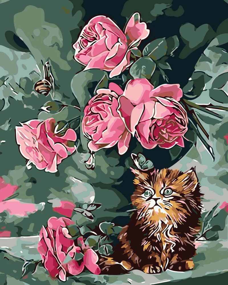 Bouquet of roses and cat