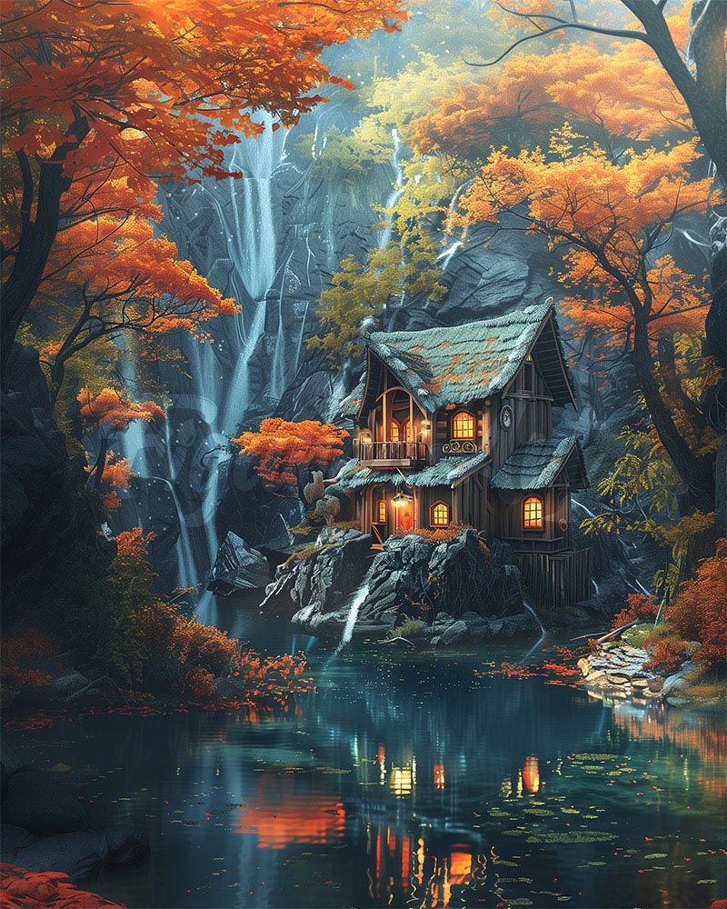Diamond Painting - Autumn Cabin by Waterfall