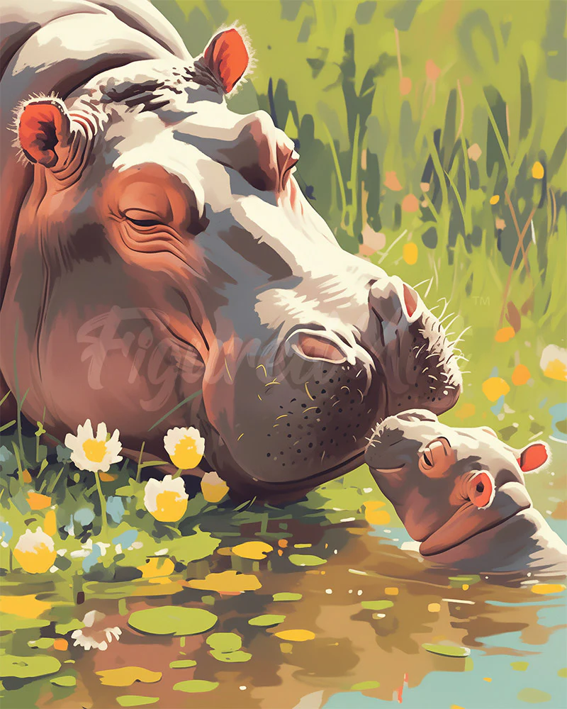 Diamond Painting - Baby Hippo Kissing Mum