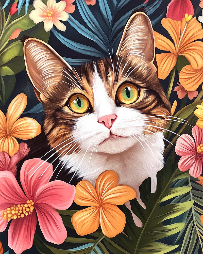 Diamond Painting - Cat with Tropical Flowers