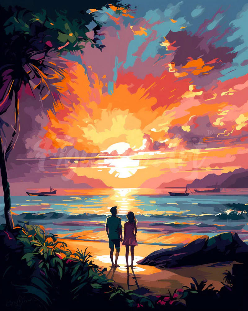 Diamond Painting - Couple and Colourful Sunset 40x50cm canvas already framed