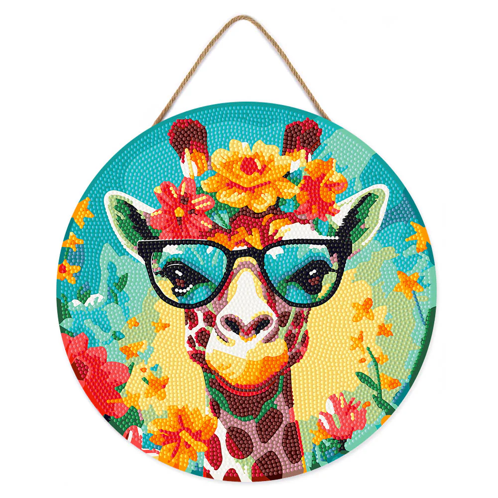 Diamond Painting on Wood Slice - Fantasy Giraffe and Flowers - Image 2