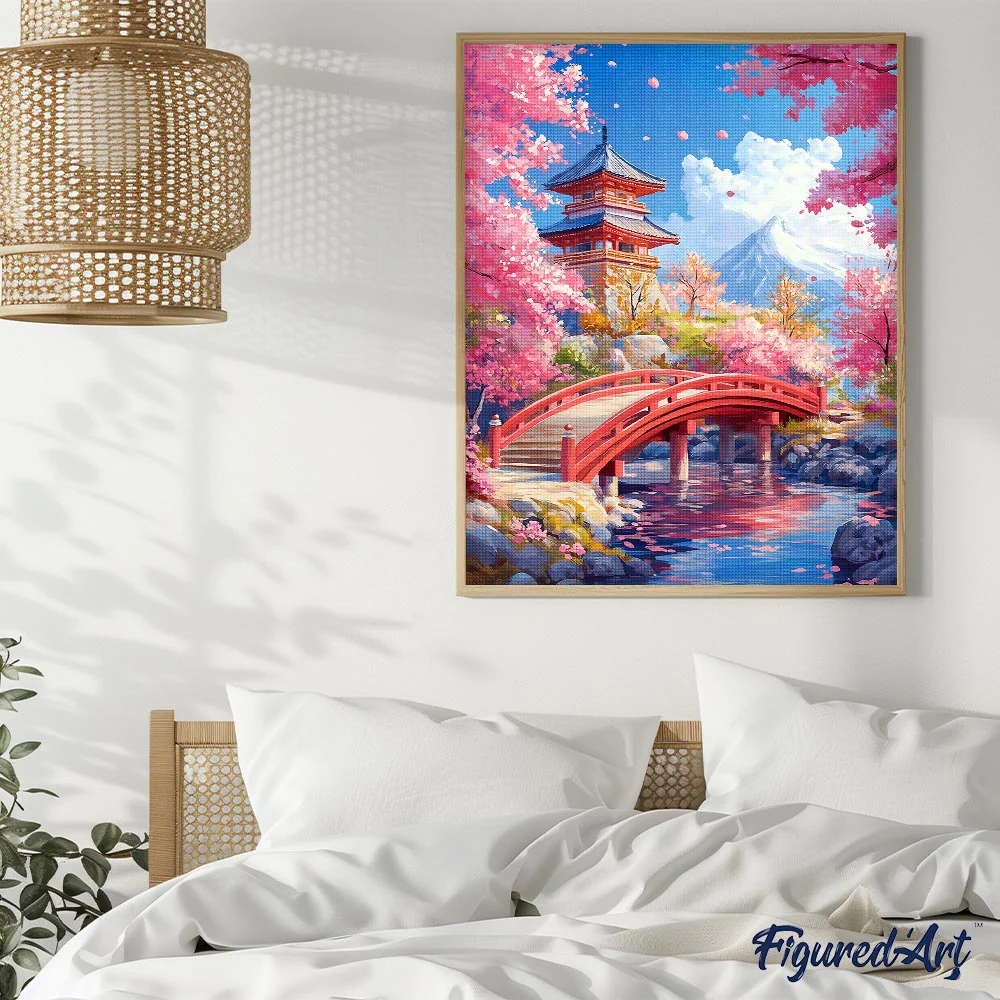 Diamond Painting - Red Bridge and Cherry Blossoms - Image 2