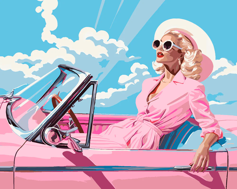 Diva in a Pink Retro Car