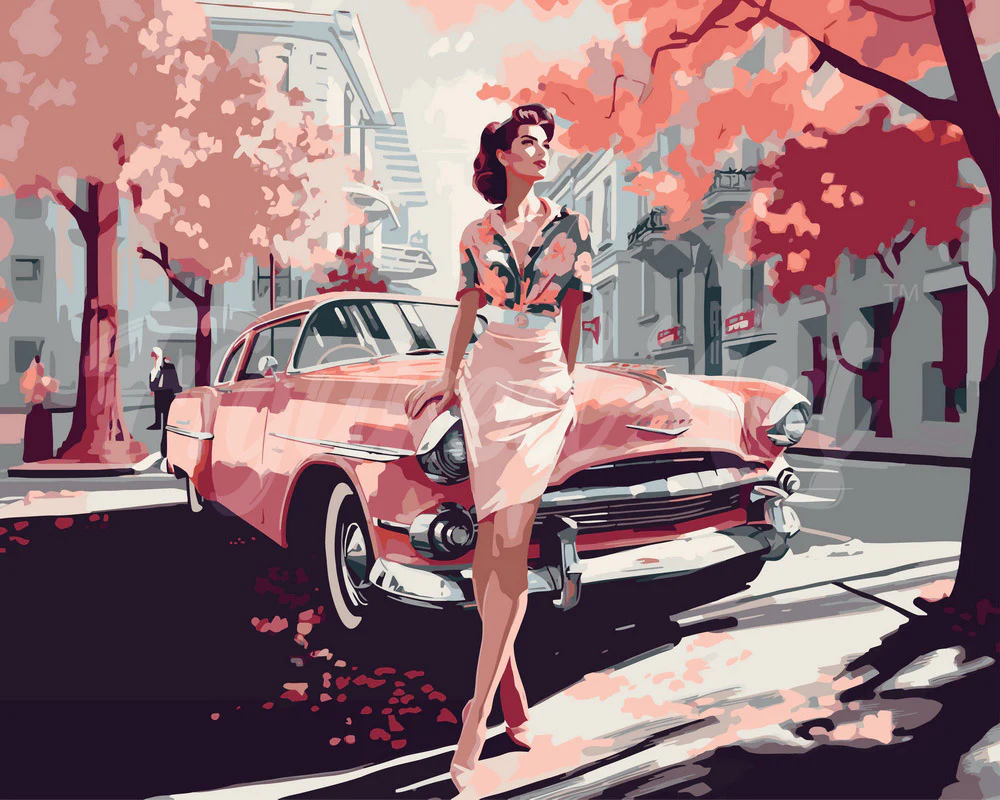 Lady and Pink Classic Car