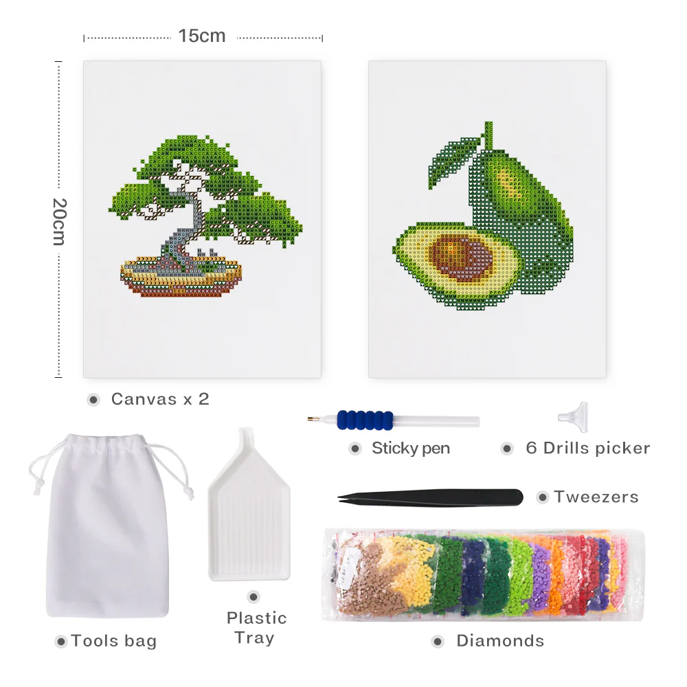 Mini Diamond Painting 15x20cm (2 pieces) - Bonsai and Avocado - Image 2