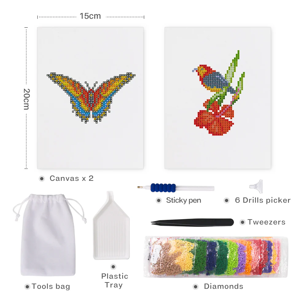 Mini Diamond Painting 15x20cm (2 pieces) -Butterfly and Bird - Image 2