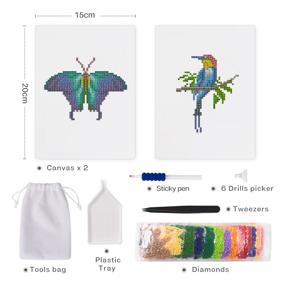 Mini Diamond Painting 15x20cm (2 pieces) - Butterfly and Bird Design - Image 2