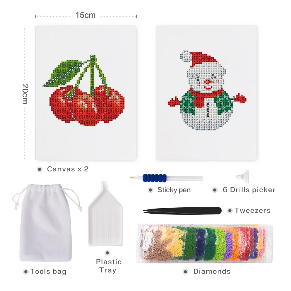Mini Diamond Painting 15x20cm (2 pieces) - Cherries and Snowman - Image 2