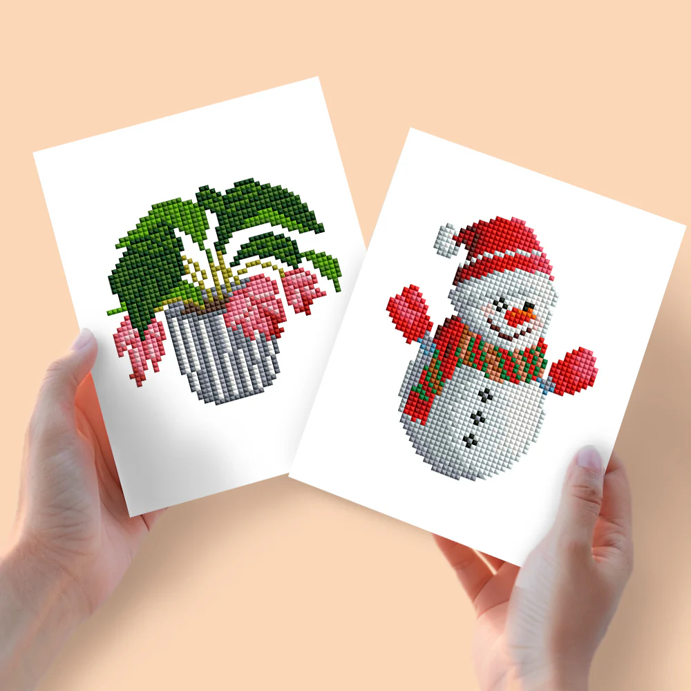 Mini Diamond Painting 15x20cm (2 pieces) - Potted Plant and Winter Snowman