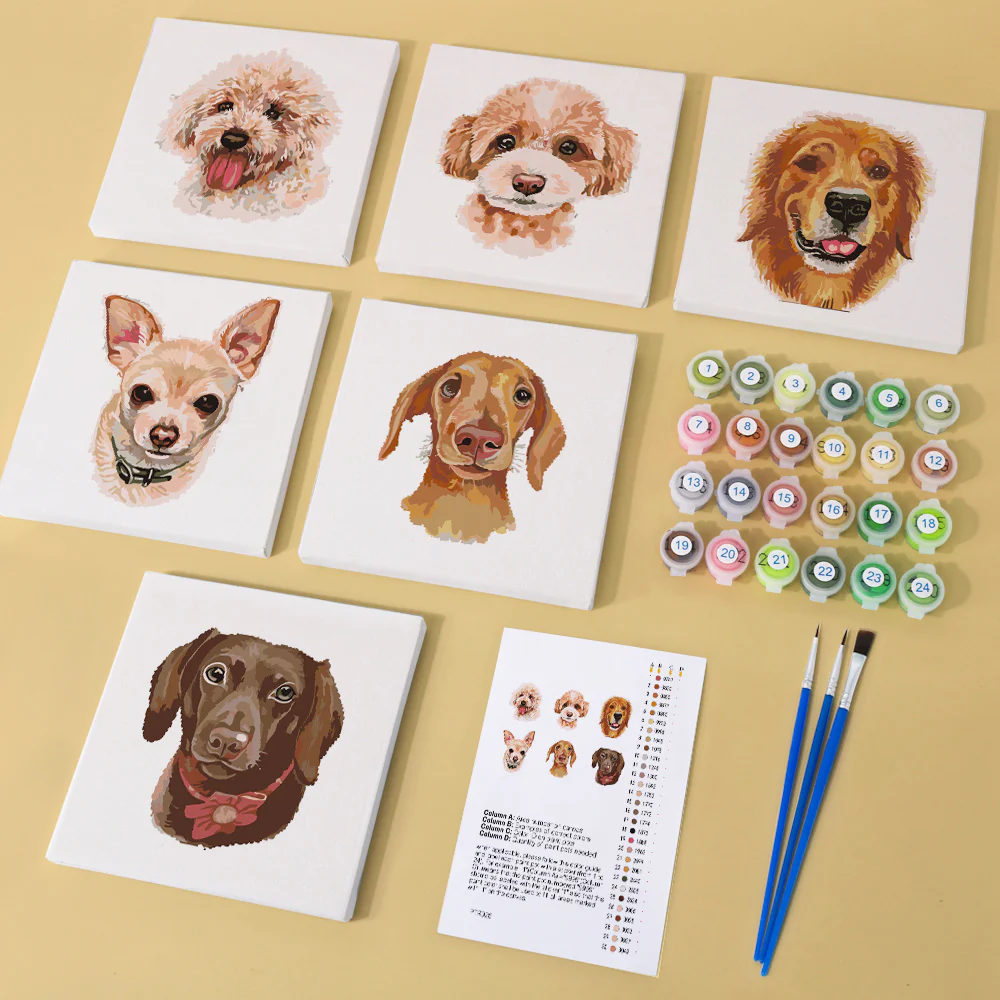 Mini Paint by numbers 15x15cm (6 pieces) - Cute Dogs - Image 2