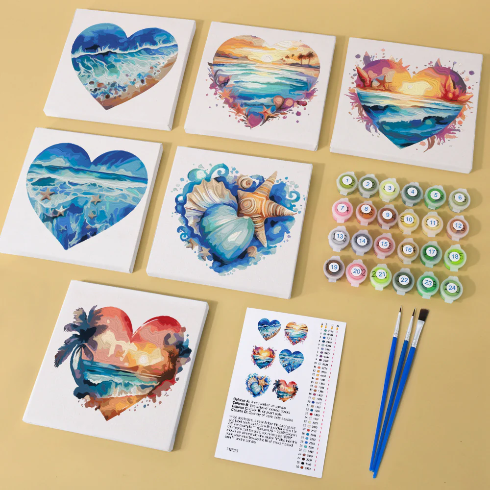 Mini Paint by numbers 15x15cm (6 pieces) - Romantic Beach Scenes - Image 2