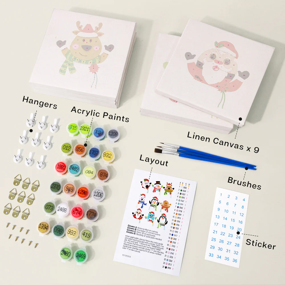 Mini Paint by numbers 15x15cm (9 pieces) - Cute Christmas Characters - Image 4