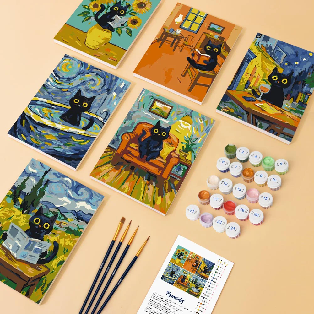 Mini Paint by numbers 15x20cm (6 pieces) - Van Gogh Style Cat - Image 2