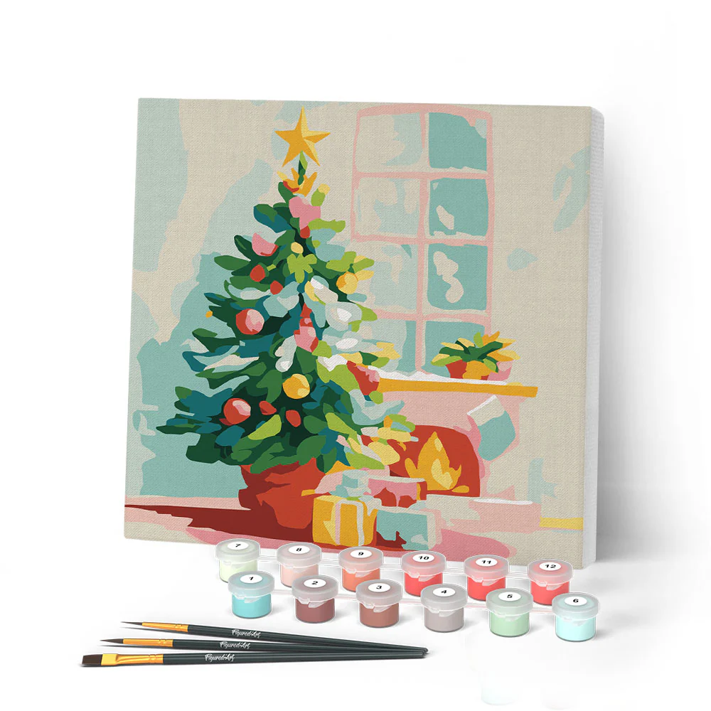 Mini Paint by numbers 20x20cm framed - Christmas Tree and Fireplace