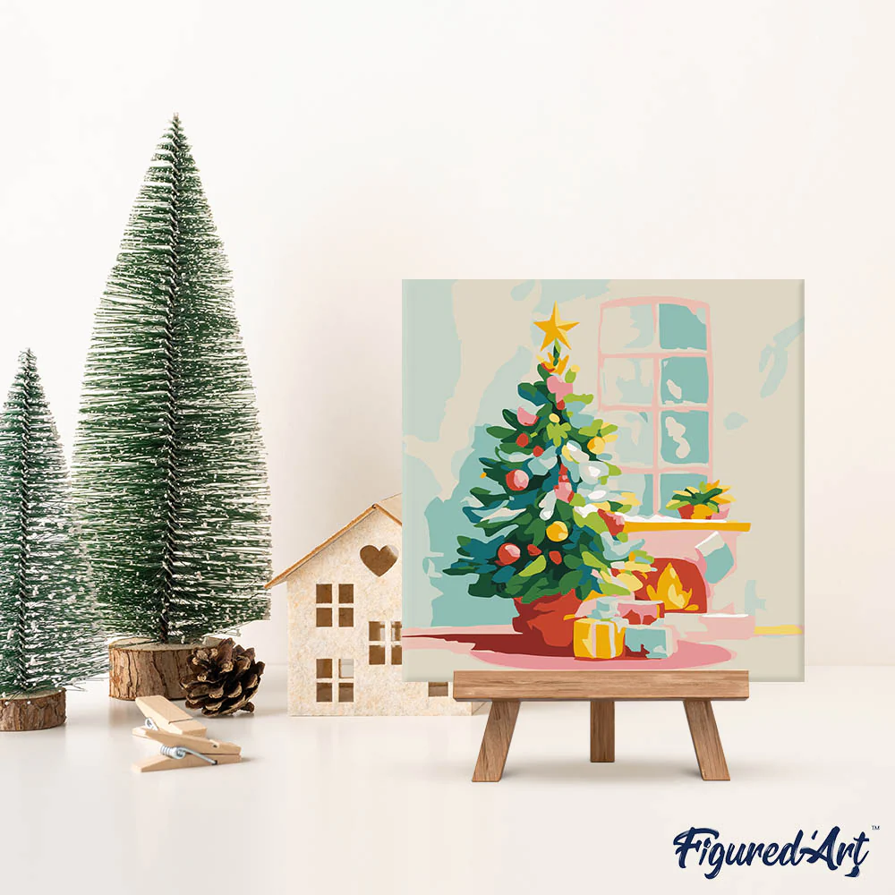 Mini Paint by numbers 20x20cm framed - Christmas Tree and Fireplace - Image 3