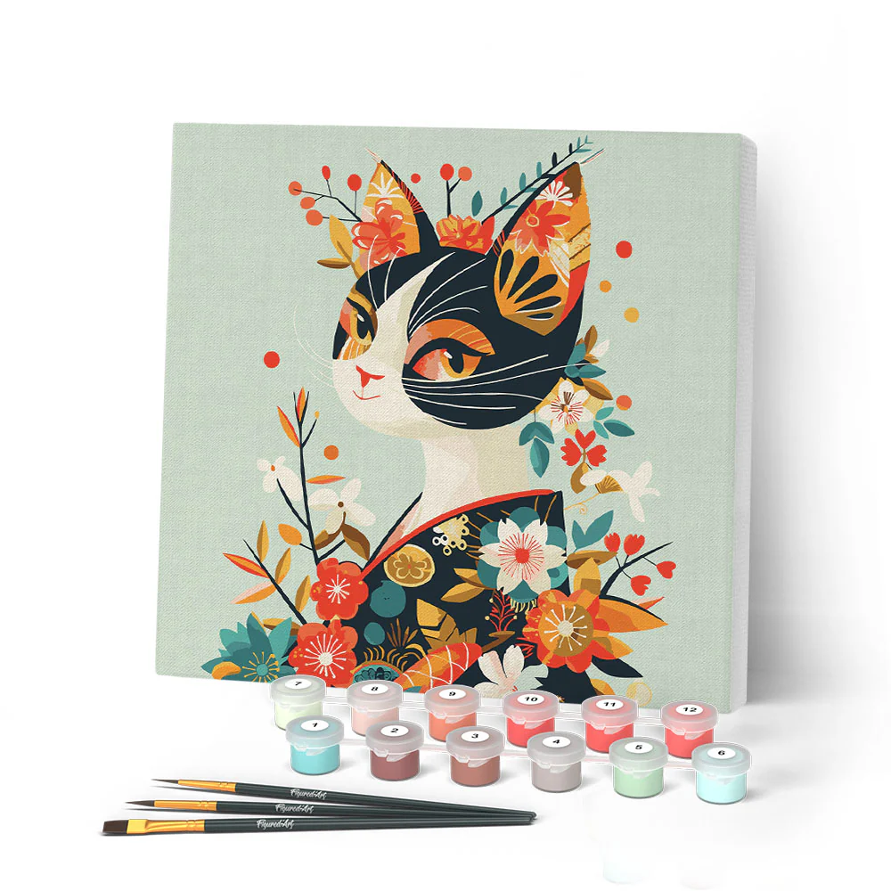 Mini Paint by numbers 20x20cm framed - Floral Cat in Kimono