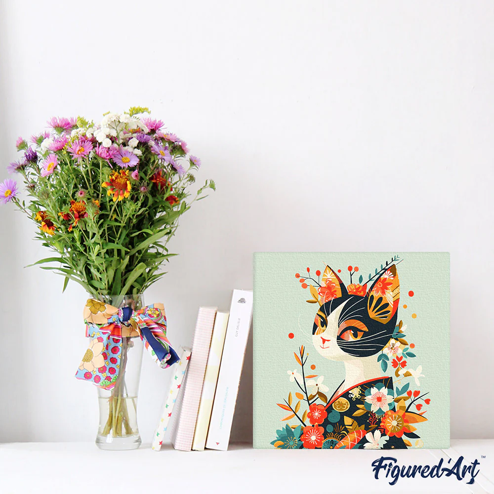 Mini Paint by numbers 20x20cm framed - Floral Cat in Kimono - Image 3