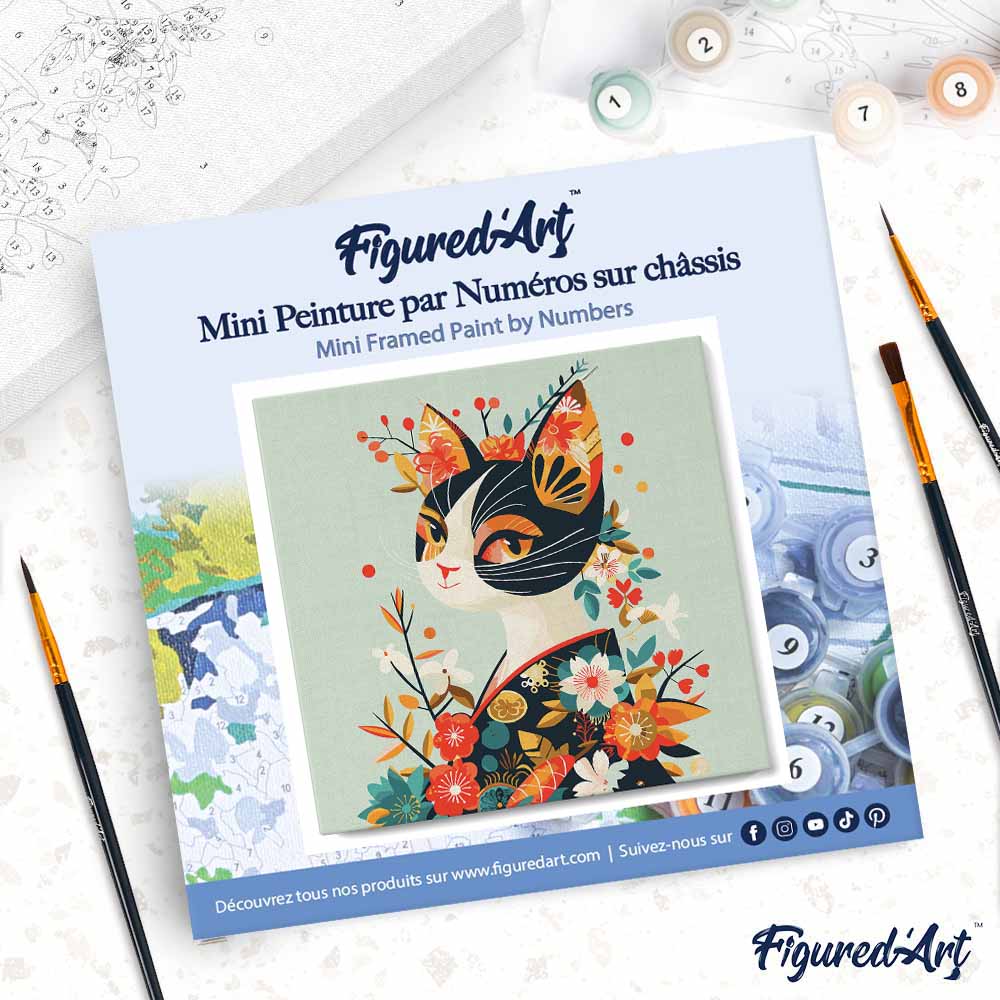 Mini Paint by numbers 20x20cm framed - Floral Cat in Kimono - Image 4