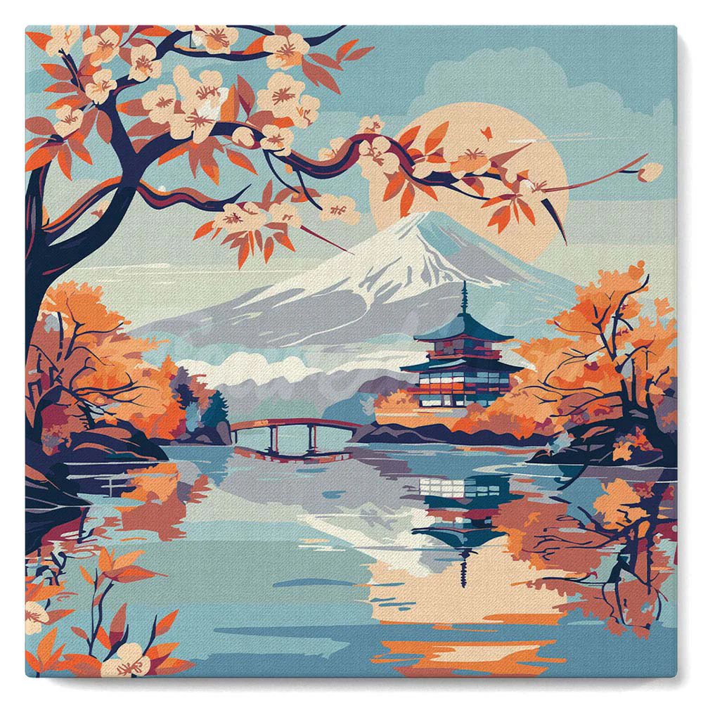 Mini Paint by numbers 20x20cm framed - Lake and Mount Fuji - Image 2