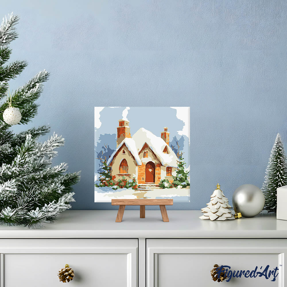 Mini Paint by numbers 20x20cm framed - Winter Brick House - Image 3