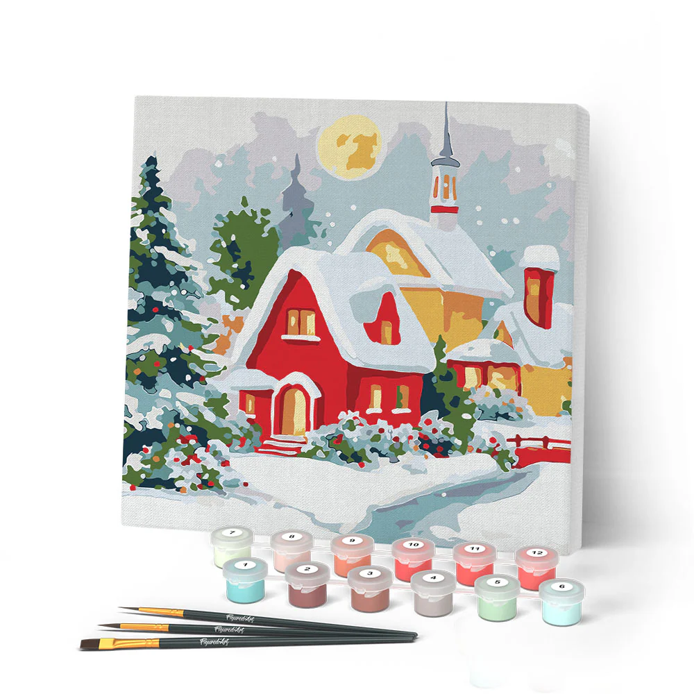 Mini Paint by numbers 20x20cm framed - Winter Red House