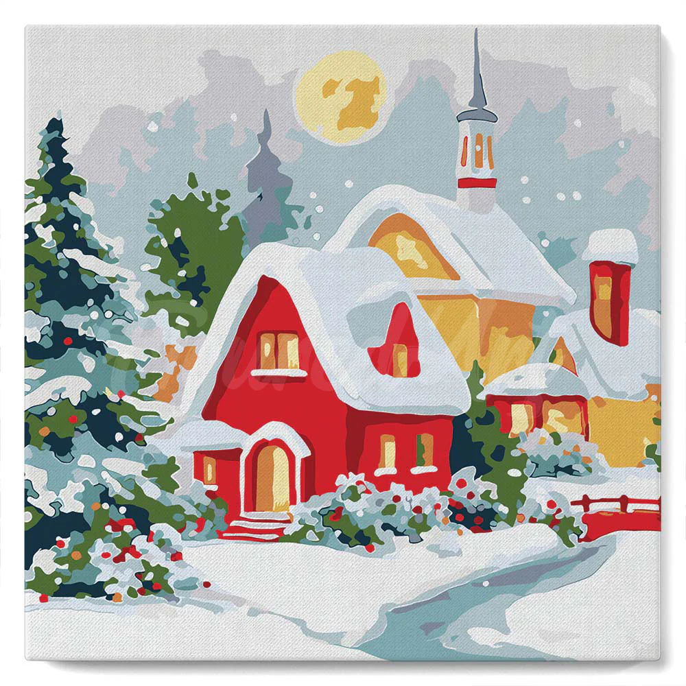 Mini Paint by numbers 20x20cm framed - Winter Red House - Image 2