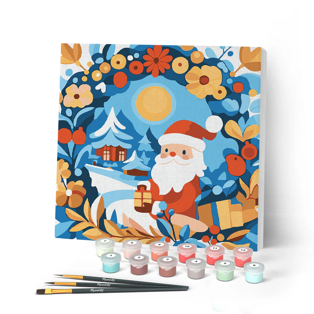 Mini Paint by numbers 20x20cm framed - Wreath and Santa