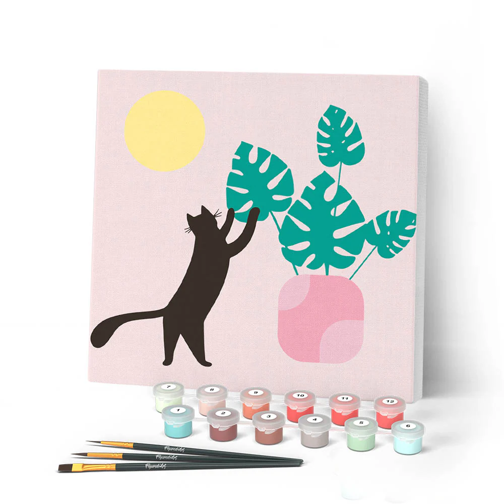 Mini Paint by numbers Cat plays with Monstera 20x20cm already framed