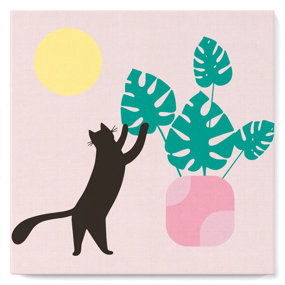 Mini Paint by numbers Cat plays with Monstera 20x20cm already framed - Image 2