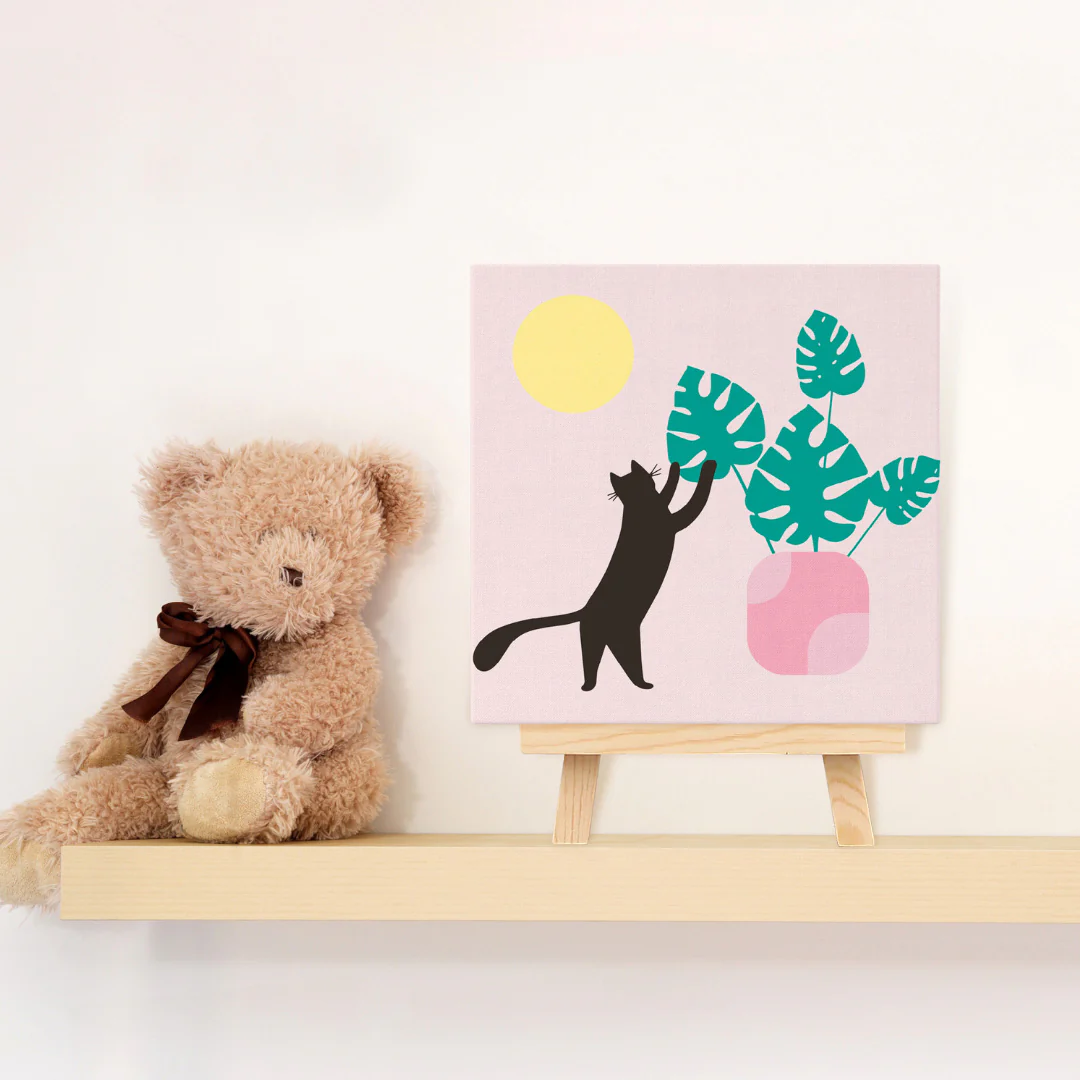 Mini Paint by numbers Cat plays with Monstera 20x20cm already framed - Image 3