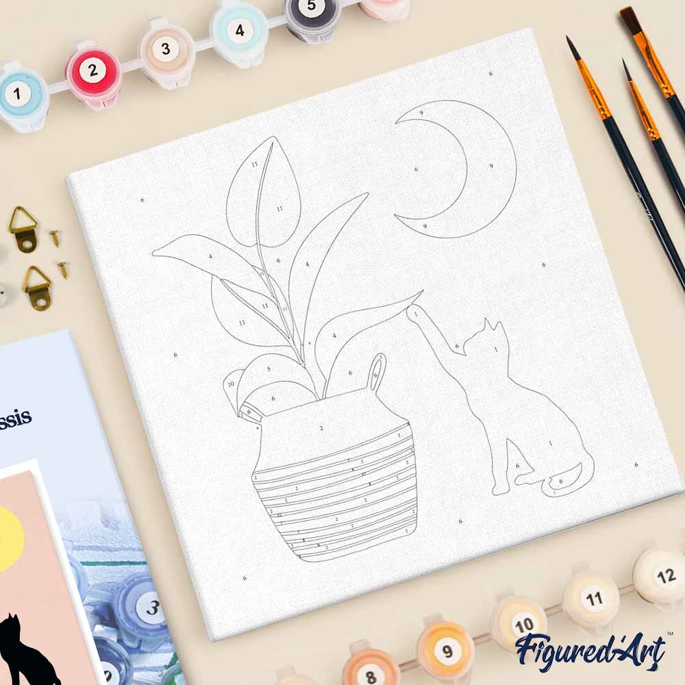 Mini Paint by numbers Cat plays with plant in the moonlight 20x20cm already framed - Image 5