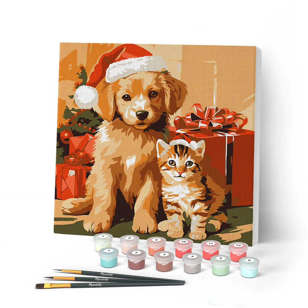 Mini Paint by numbers Christmas Cat and Dog 20x20cm already framed