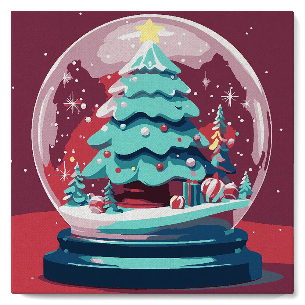 Mini Paint by numbers Christmas Tree in Snow Globe 20x20cm already framed - Image 2