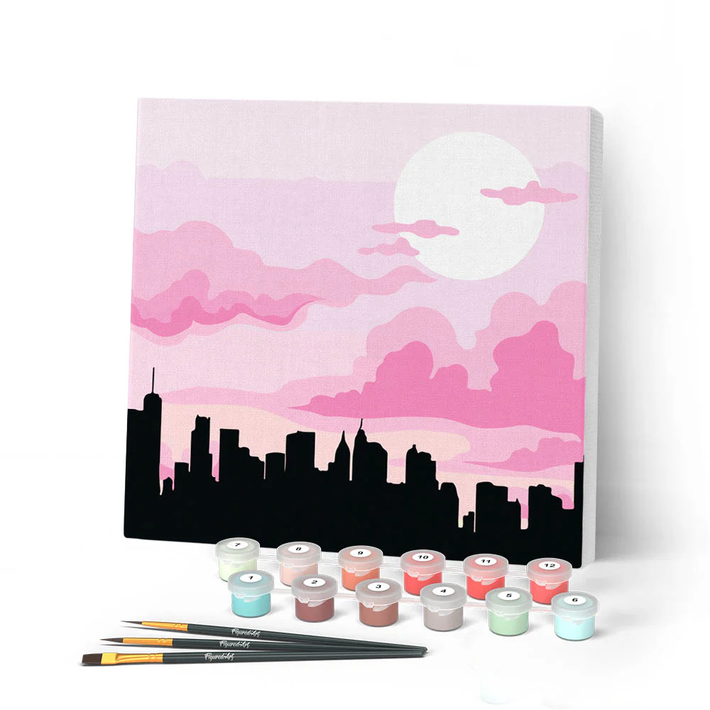 Mini Paint by numbers City Skyline under Pink Sky 20x20cm already framed