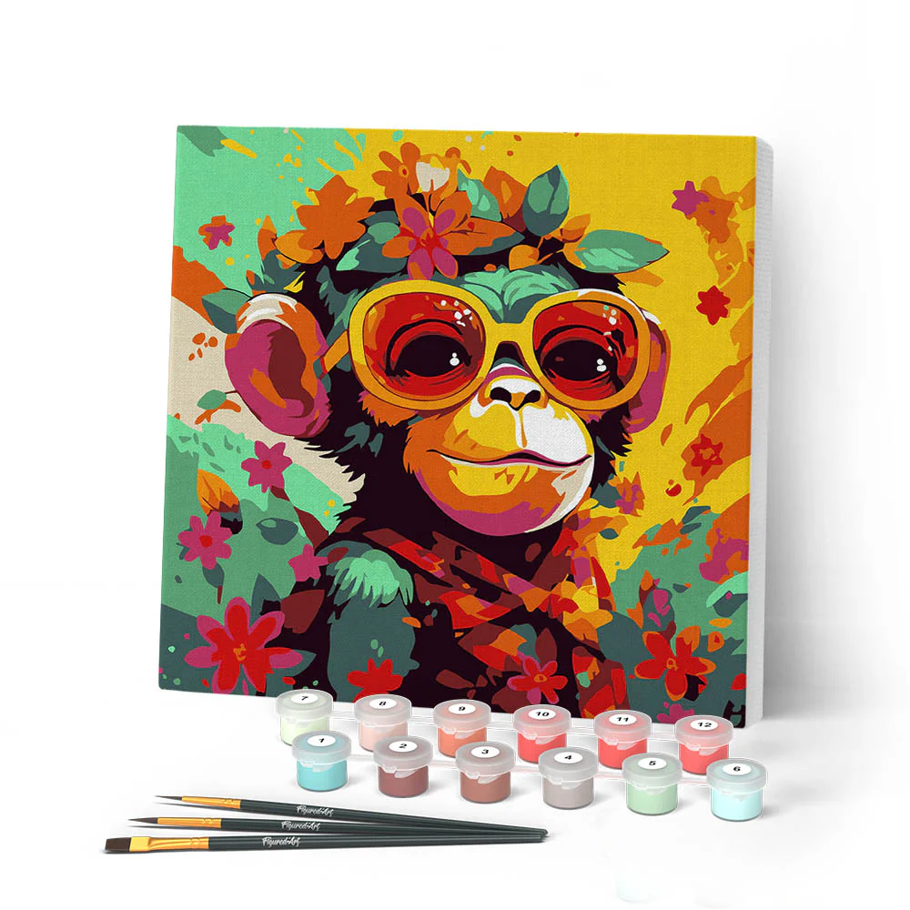 Mini Paint by numbers Fantasy monkey and flowers 20x20cm already framed