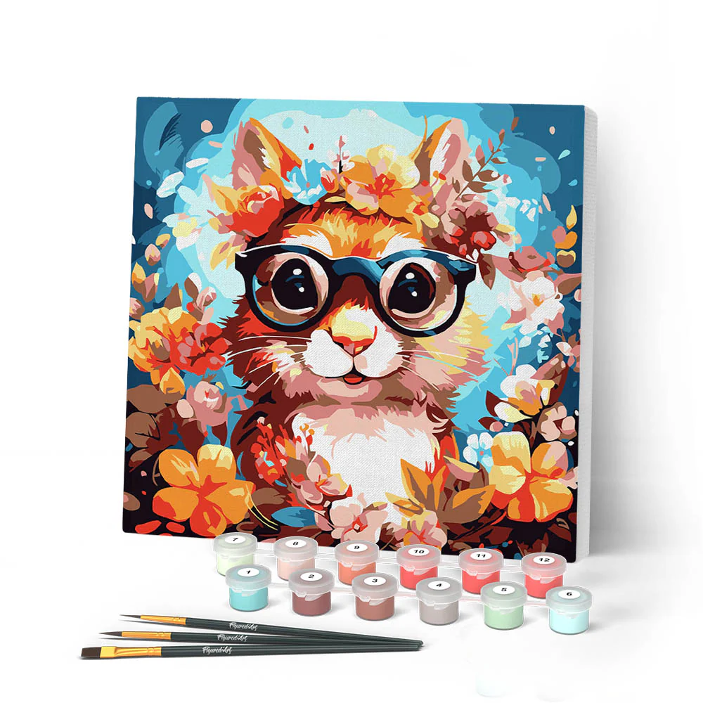 Mini Paint by numbers Fantasy Squirrel and Flowers 20x20cm already framed
