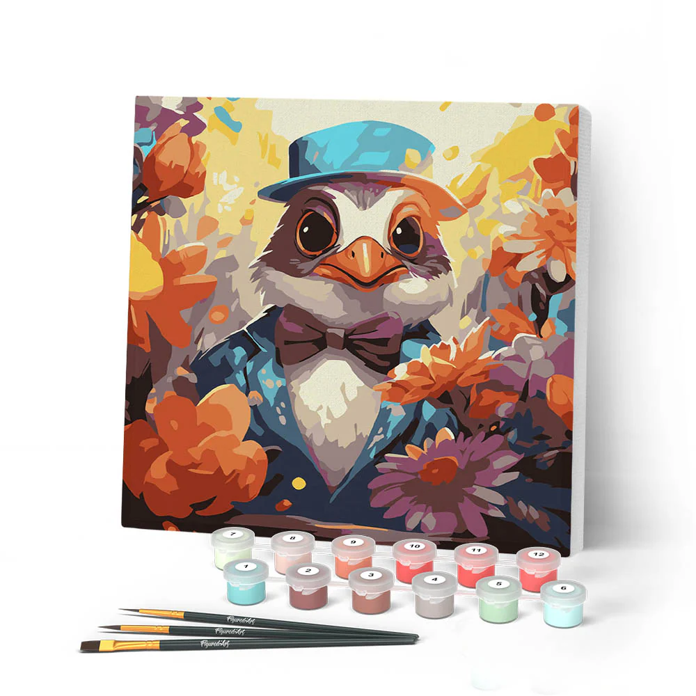 Mini Paint by numbers Fantasy Tuxedo Bird and Flowers 20x20cm already framed