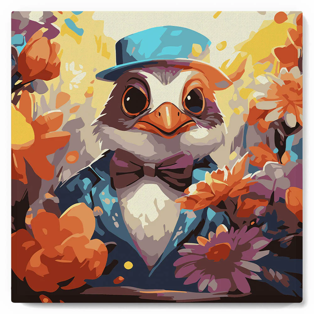 Mini Paint by numbers Fantasy Tuxedo Bird and Flowers 20x20cm already framed - Image 2