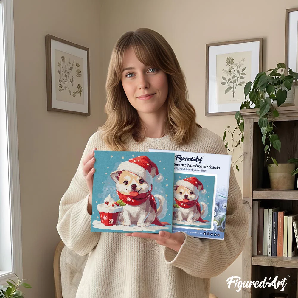 Mini Paint by numbers 8"x8" framed - Christmas Puppy - Image 12