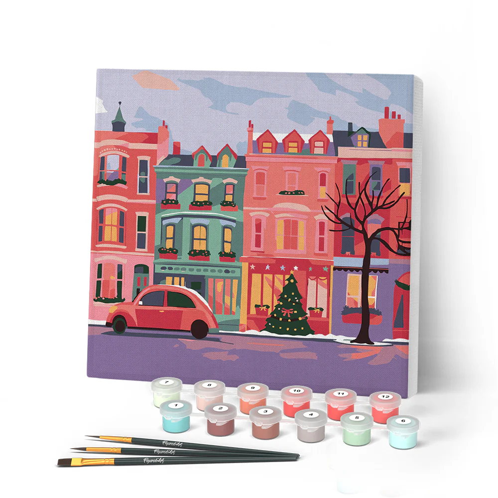 Mini Paint by numbers 8"x8" framed - Colorful Christmas Street