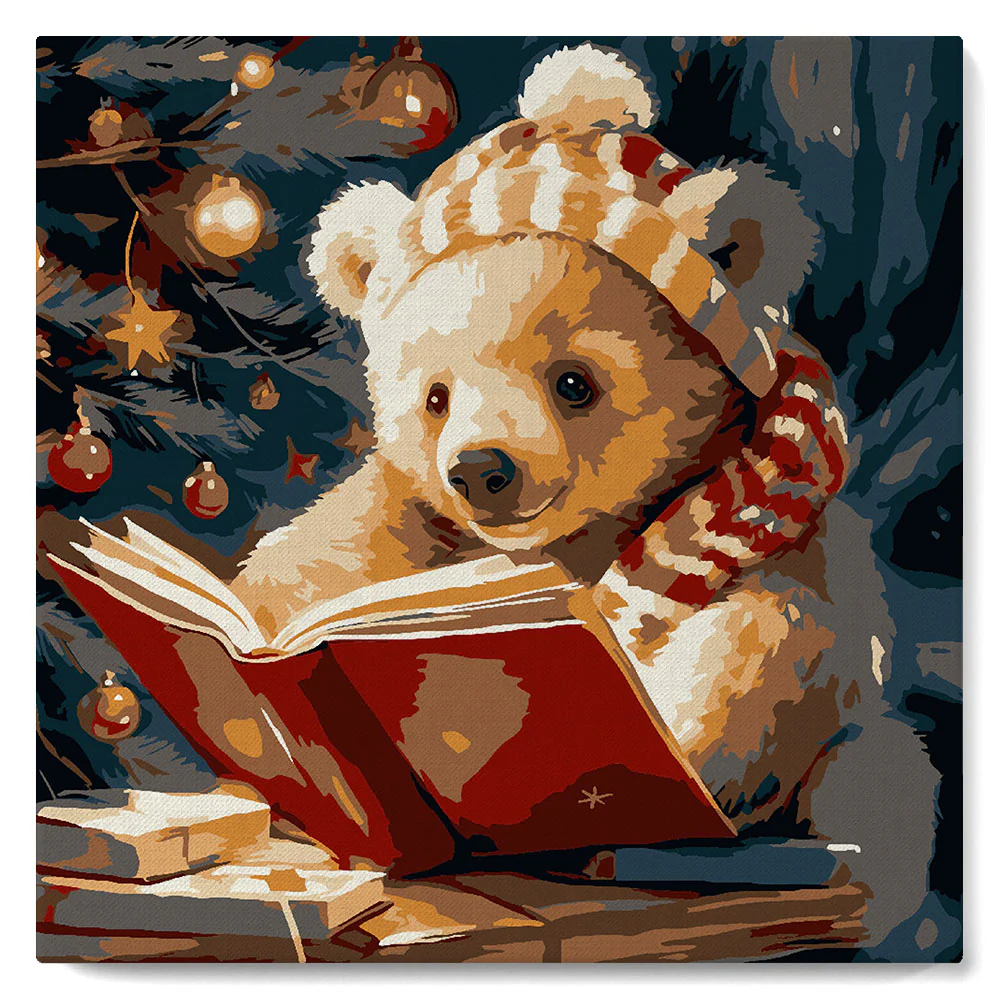 Mini Paint by numbers 8"x8" framed - Cute Reading Bear - Image 2
