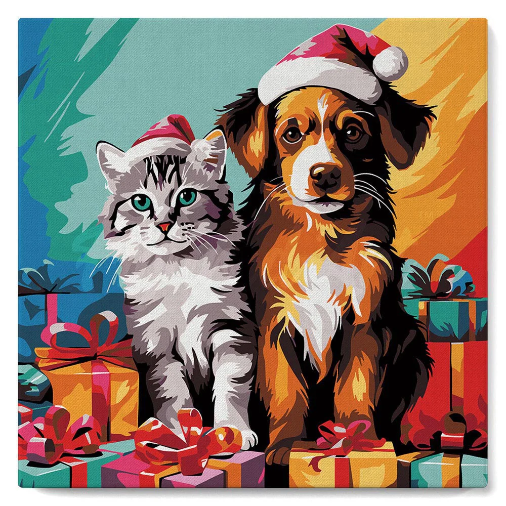 Mini Paint by numbers 8"x8" framed - Festive Cat & Dog - Image 2