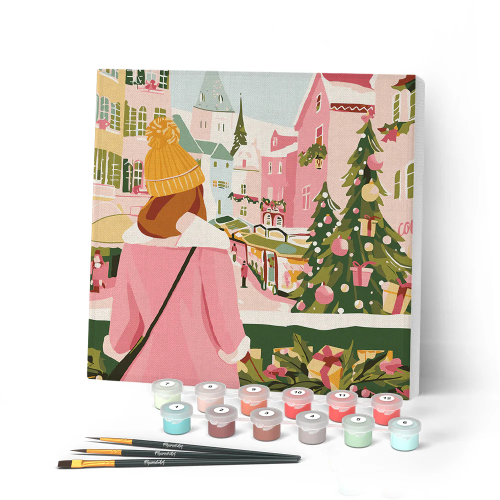 Mini Paint by numbers 8"x8" framed - Girl at Christmas Market