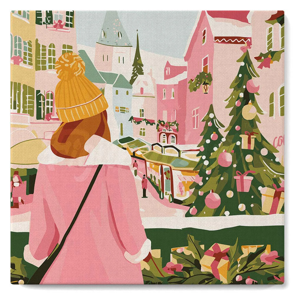 Mini Paint by numbers 8"x8" framed - Girl at Christmas Market - Image 2