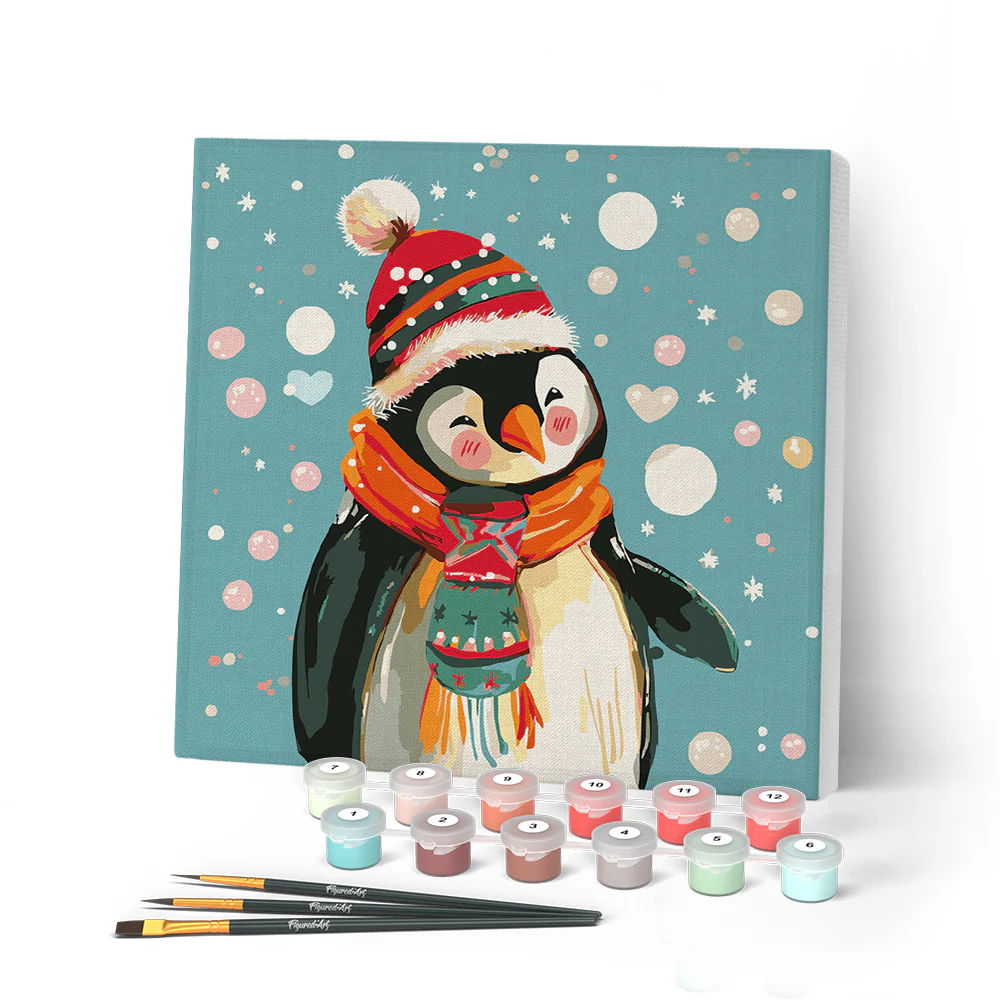 Mini Paint by numbers 8"x8" framed - Happy Penguin