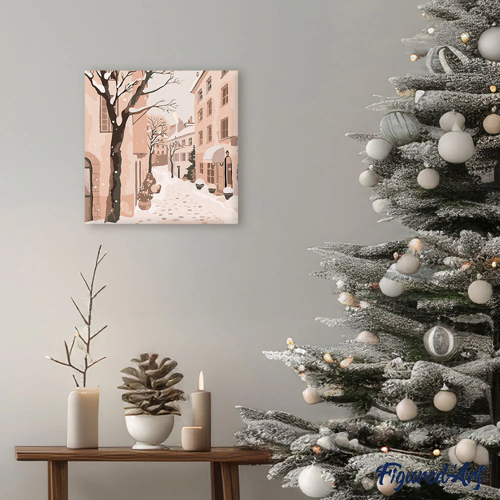 Mini Paint by numbers 8"x8" framed - Peaceful Snowy Town - Image 3