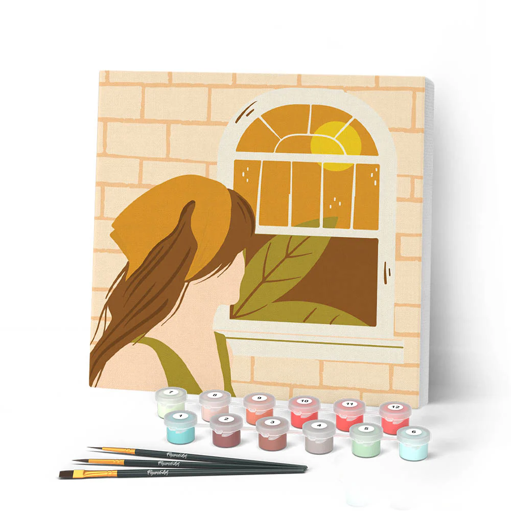 Mini Paint by numbers Girl looking out window 20x20cm already framed